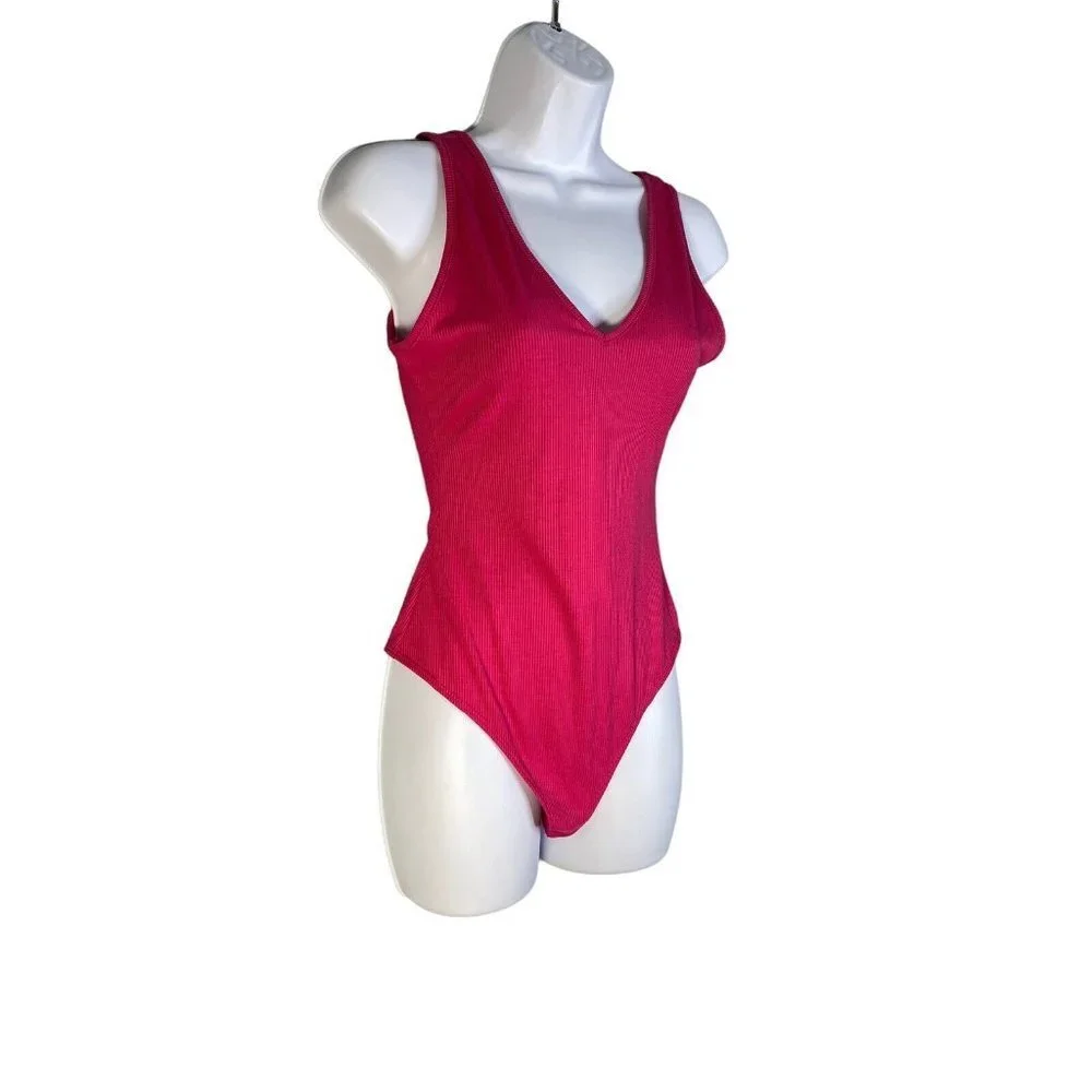 ABOUND‎ Womens V-Neck Sleeveless Rib Red Bodysuit Size Small